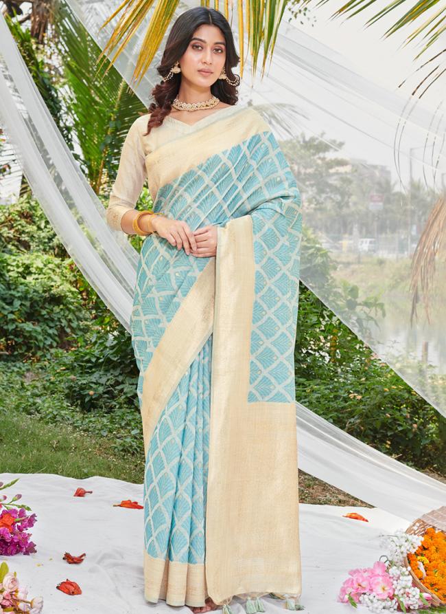 Cotton Sky Blue Wedding Wear Weaving Saree